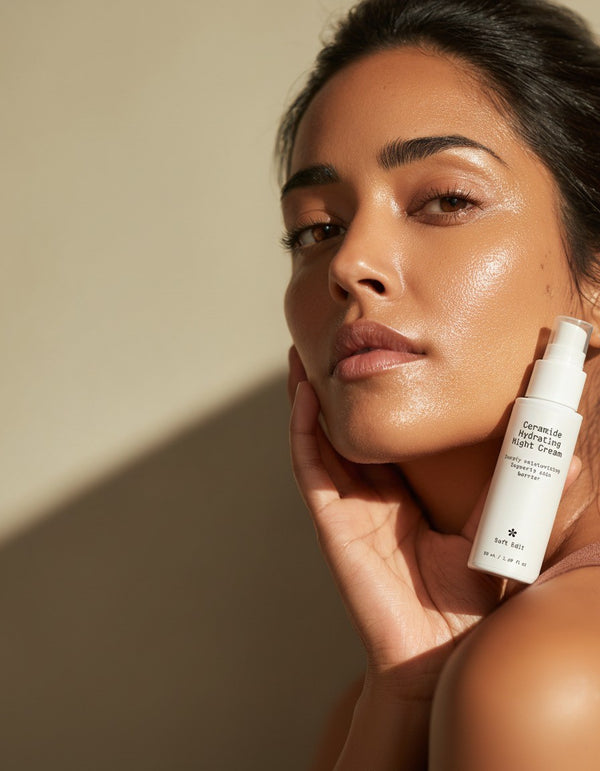 Indian woman holding a bottle of ceramide hydrating night cream against a neutral background