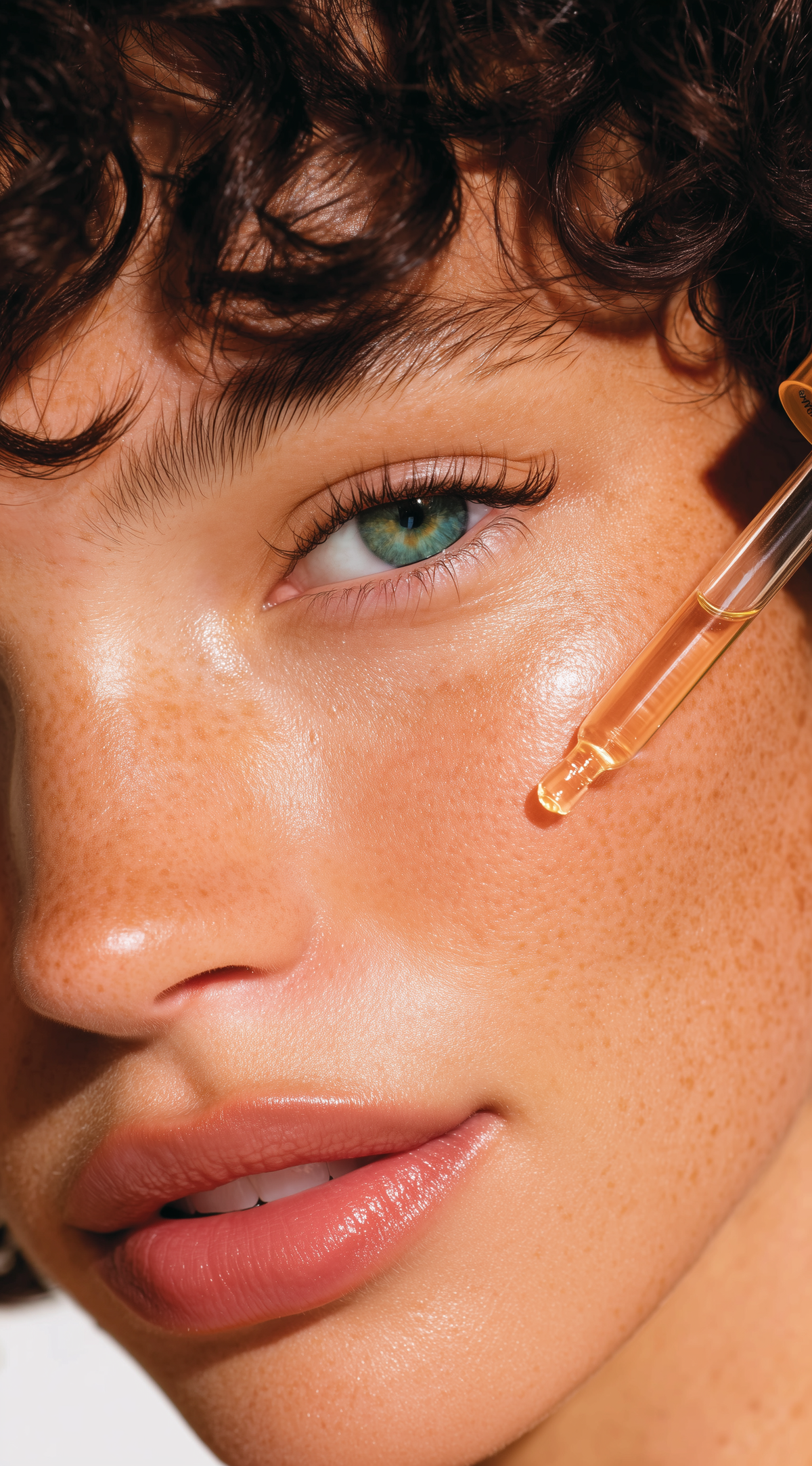 Woman with curly hair applying Soft Edit Skin niacinamide serum dropper to cheek, glowing skin highlighting pore-perfecting hydration for oily pores