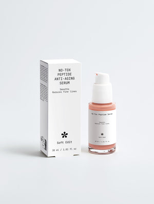 Soft Edit Skin anti-aging peptide serum product packaging with minimalist white design